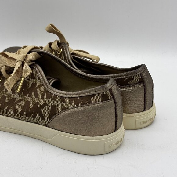 Michael Kors MK Signature Logo Print Lace Up Sneakers Brown Metallic Leather 10 - Picture 4 of 10